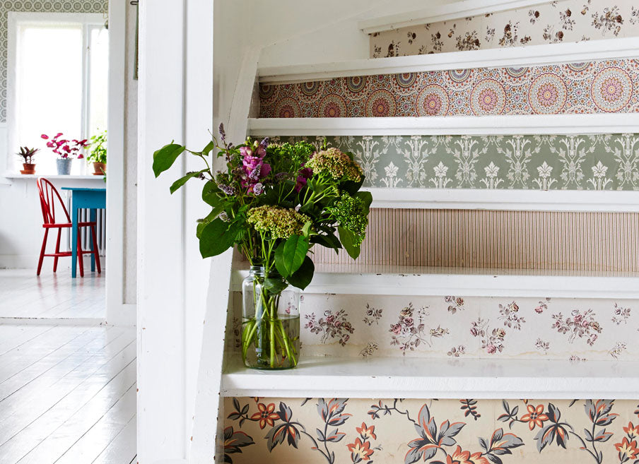 stairs showcasing different wallpaper prints