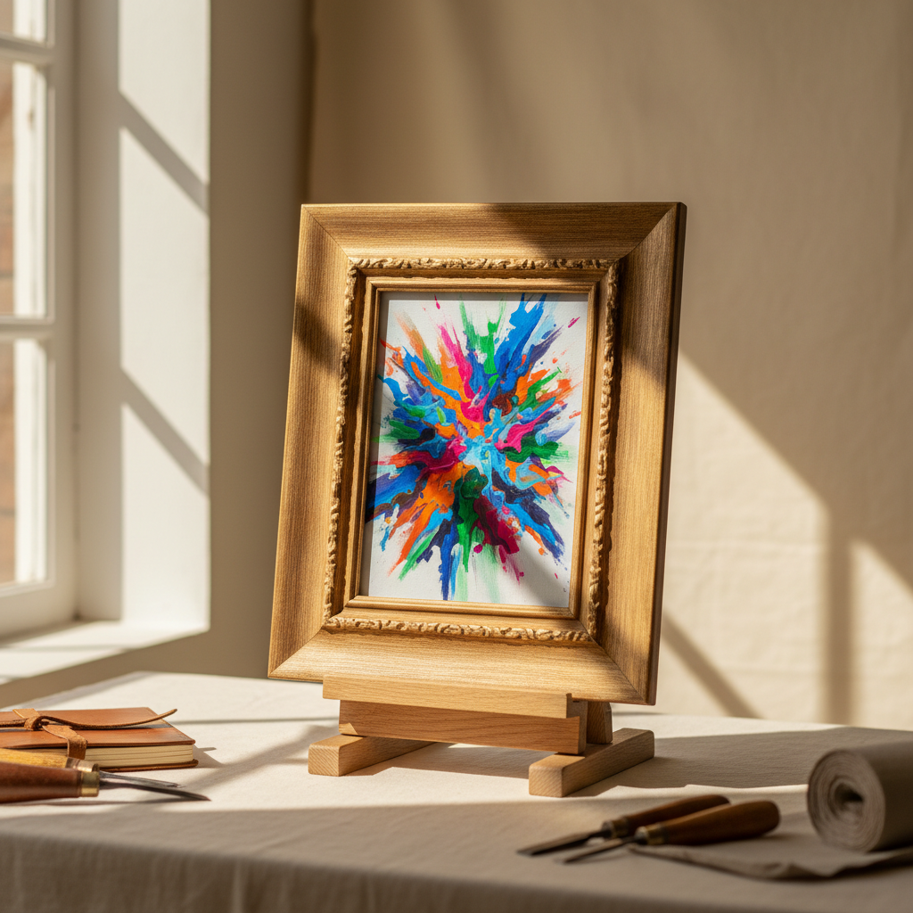 A bespoke frame with a vibrant abstract painting displayed in a softly lit studio setting