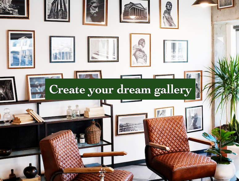 create your dream gallery written across a photo of a gallery wall in a living room 