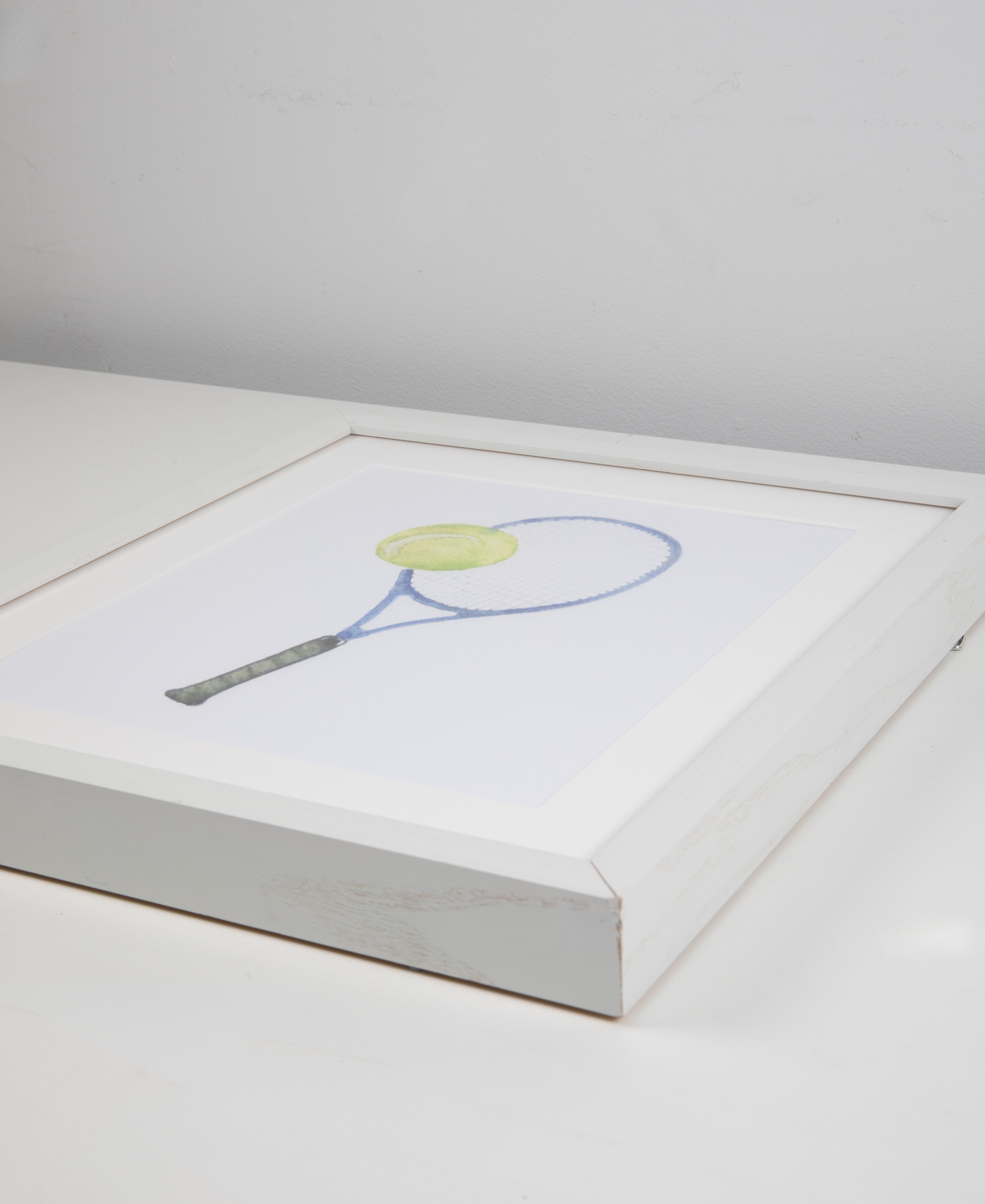 Tennis Racquet and Ball Watercolor Art with White Frame