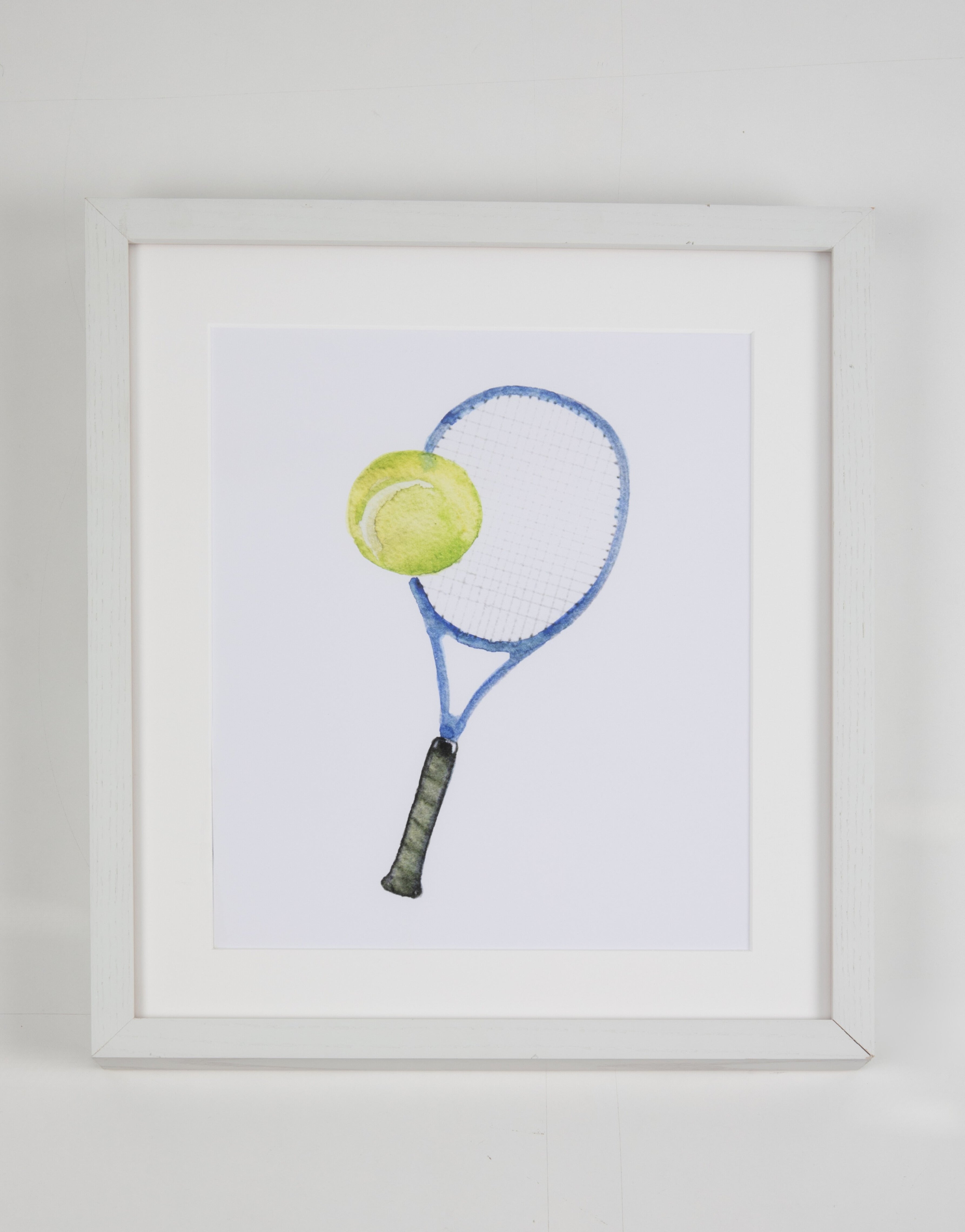 Tennis Racquet and Ball Watercolor Art with White Frame
