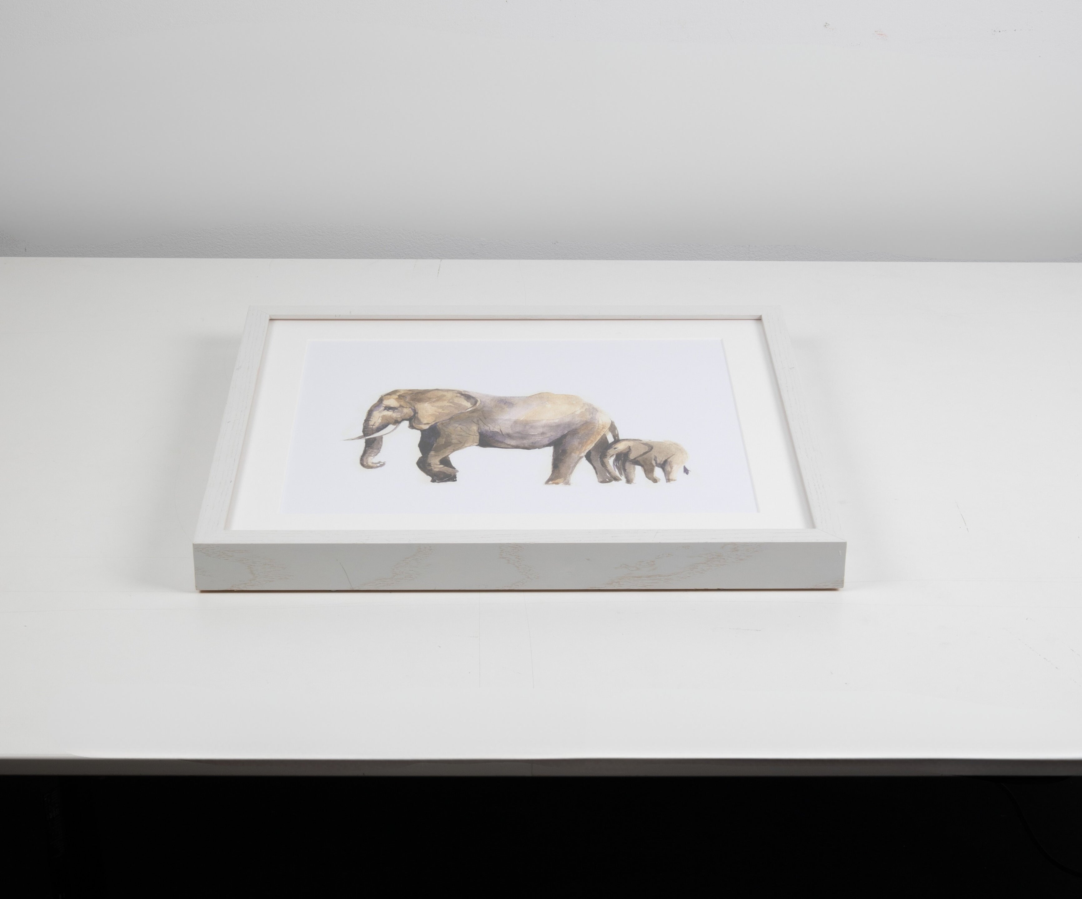 Elephant Watercolor Art with White Frame