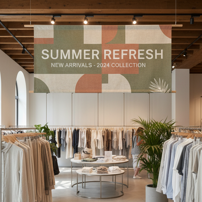banner hung on a clothing store