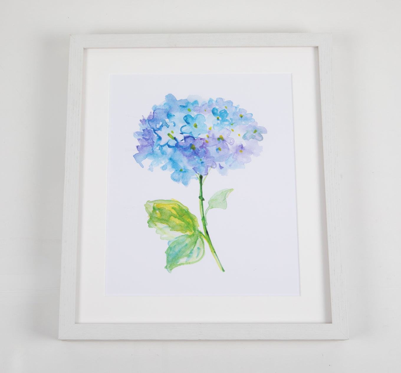 Blue Hydrangea Watercolor Art with White Frame