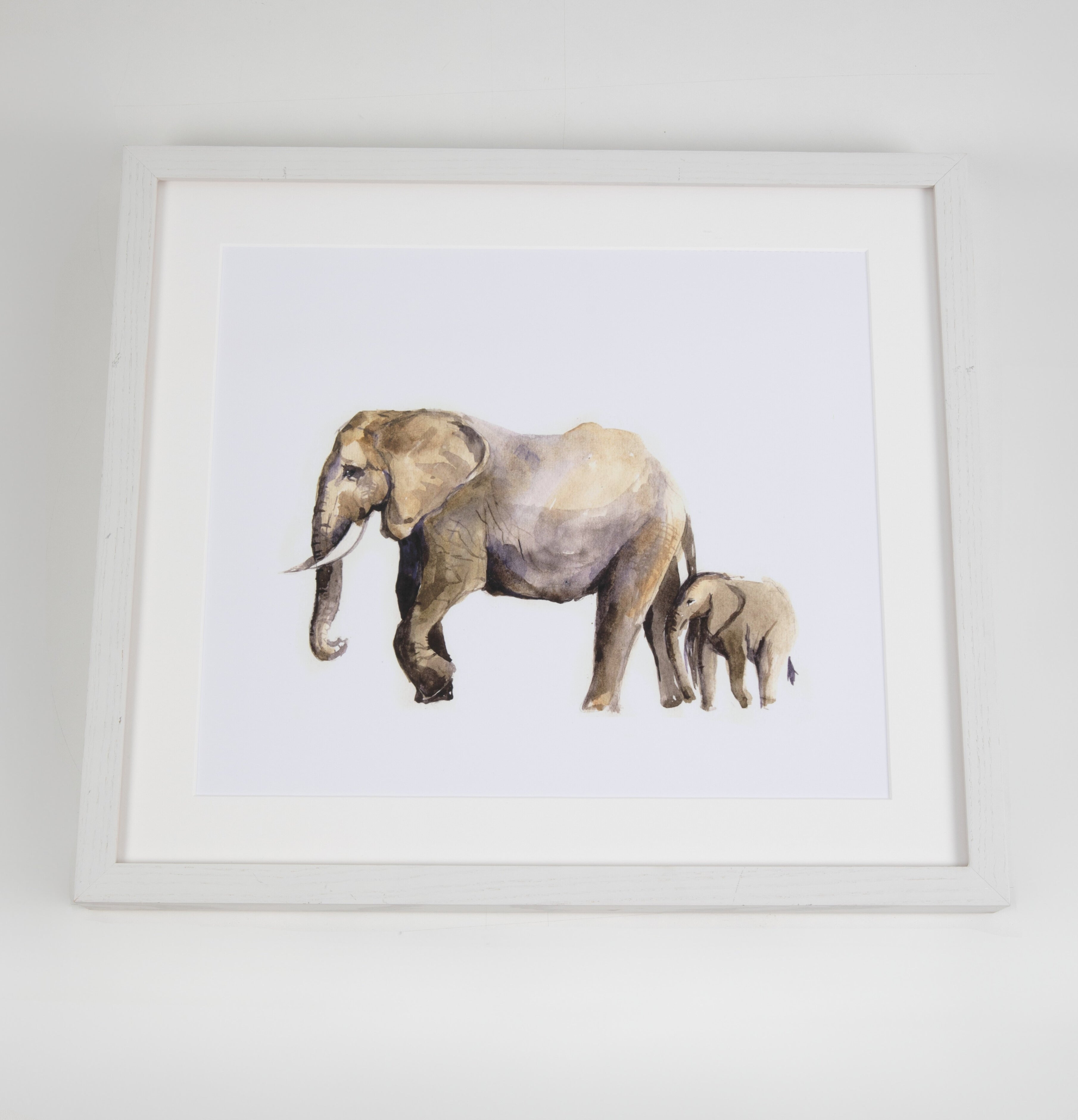 Elephant Watercolor Art with White Frame