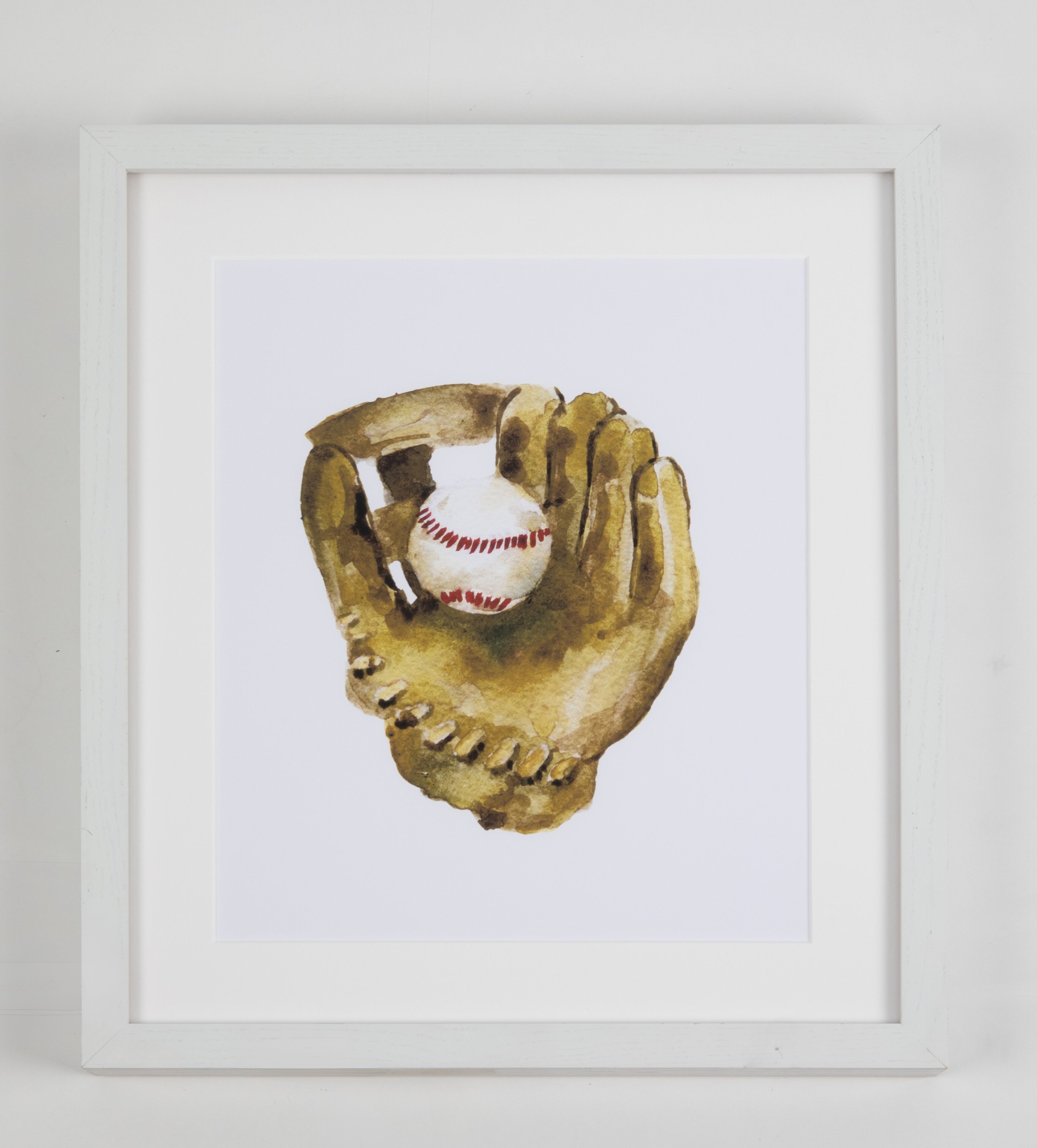 Baseball Glove Watercolor Art with White Frame