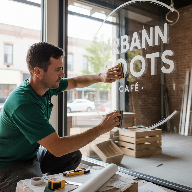 man installing a vinyl on a window wearing a dark green shirt