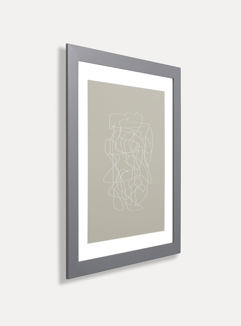 side view grey frame holding abstract art