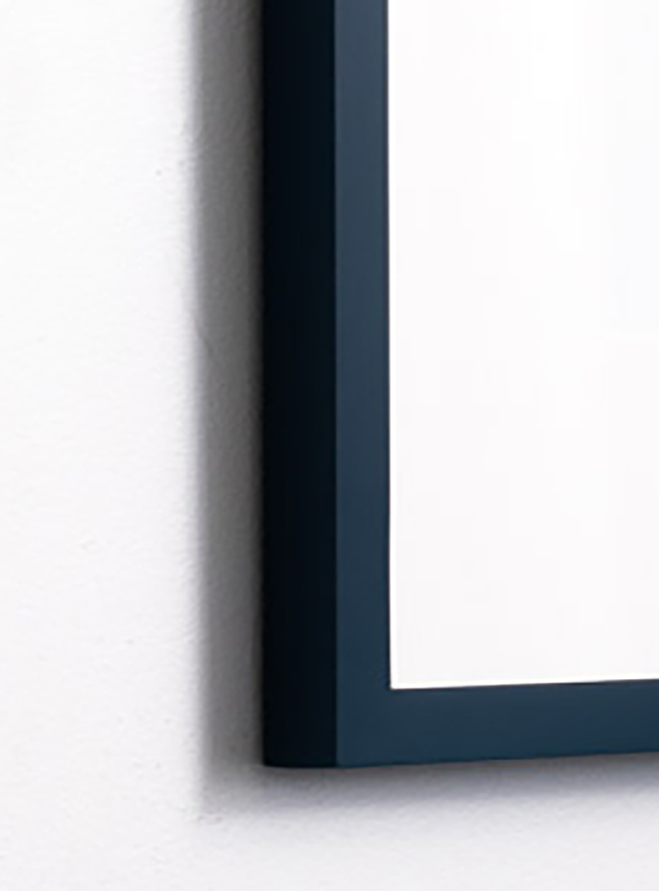 close up we love our customers in green writing in thin navy frame