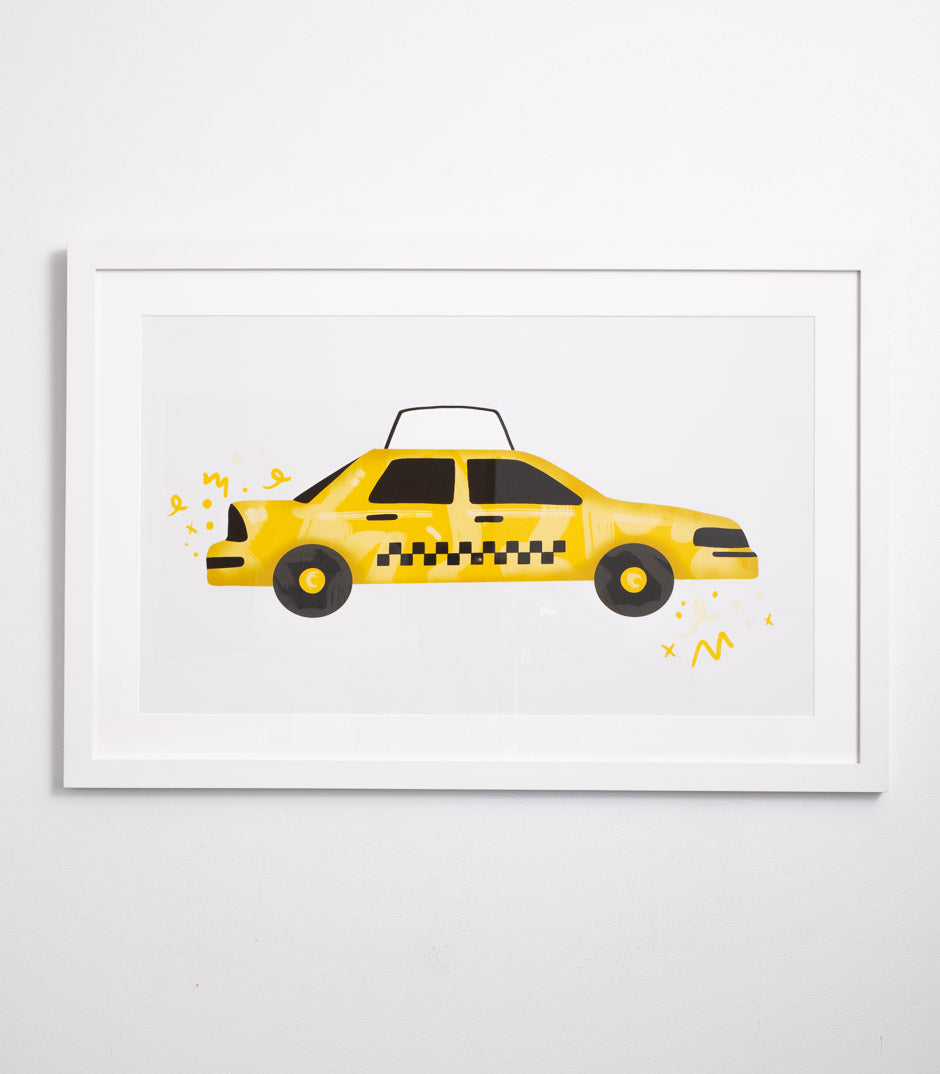 yellow taxi print in white frame
