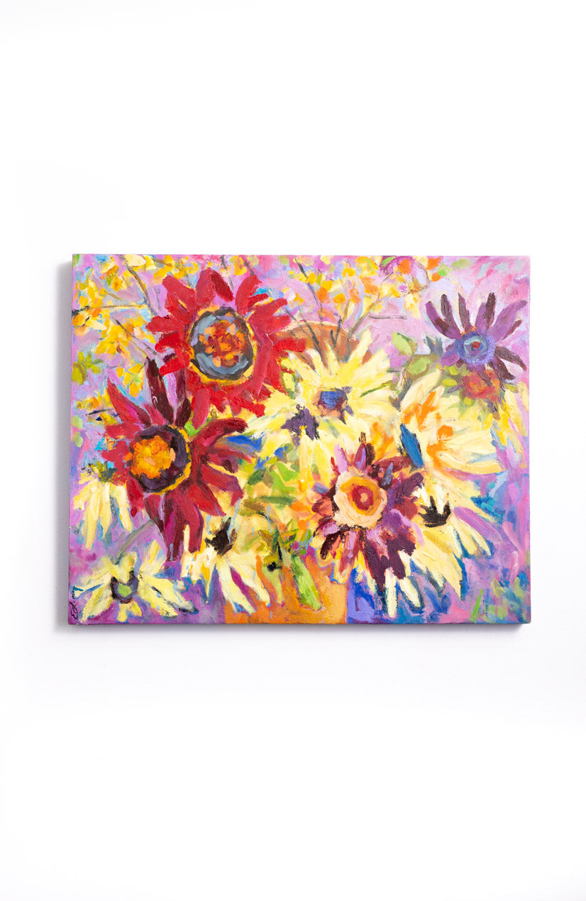 handpainted sunflowers pink, yellow, purple and red on canvas
