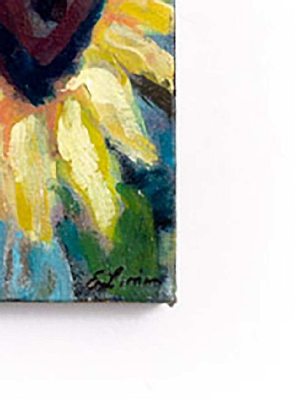 close up of corner of handpainted sunflowers on canvas