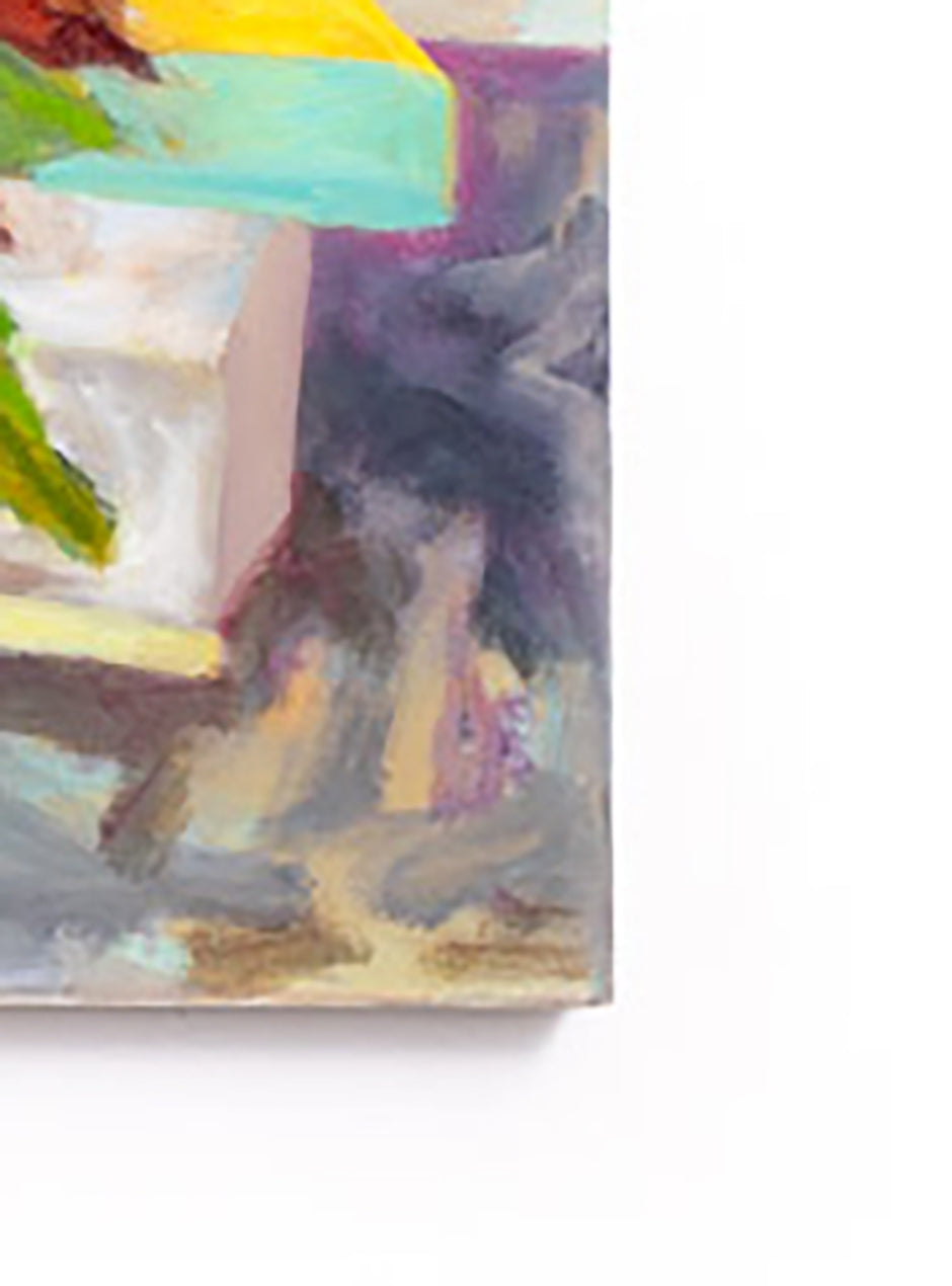 close up of corner of handpainted sunflowers on a table on canvas