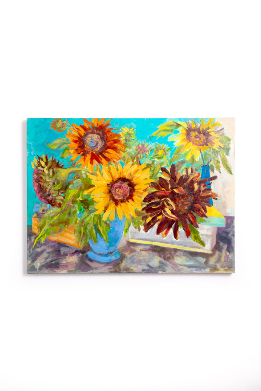 handpainted sunflowers on a table on canvas