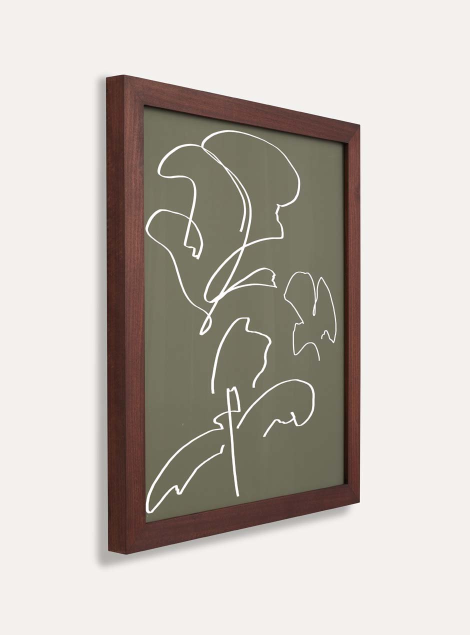 side view dark stained wooden frame holding abstract painting 