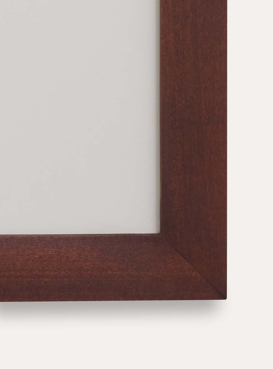corner view dark stained wooden frame
