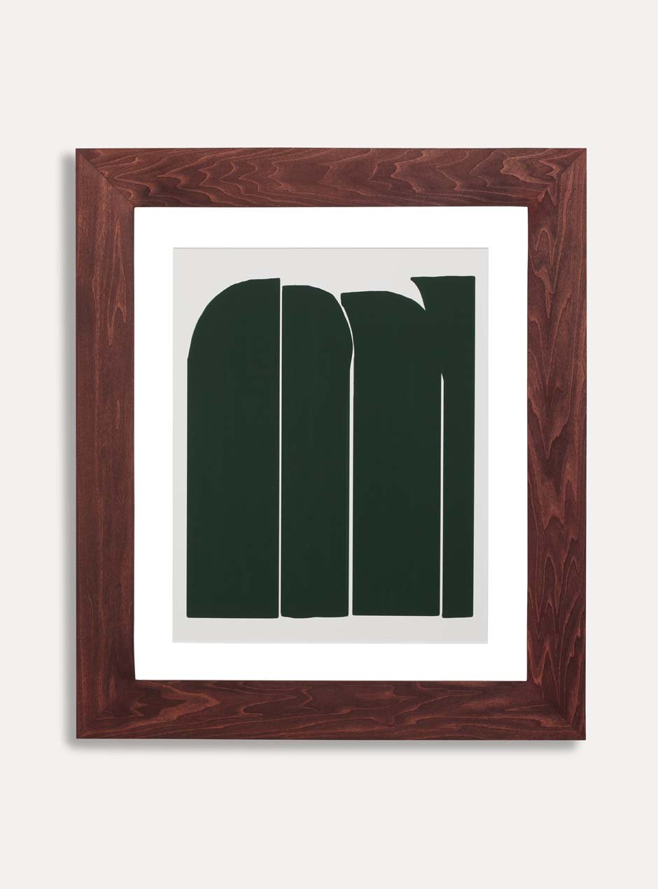 dark stained wooden frame holding abstract painting 