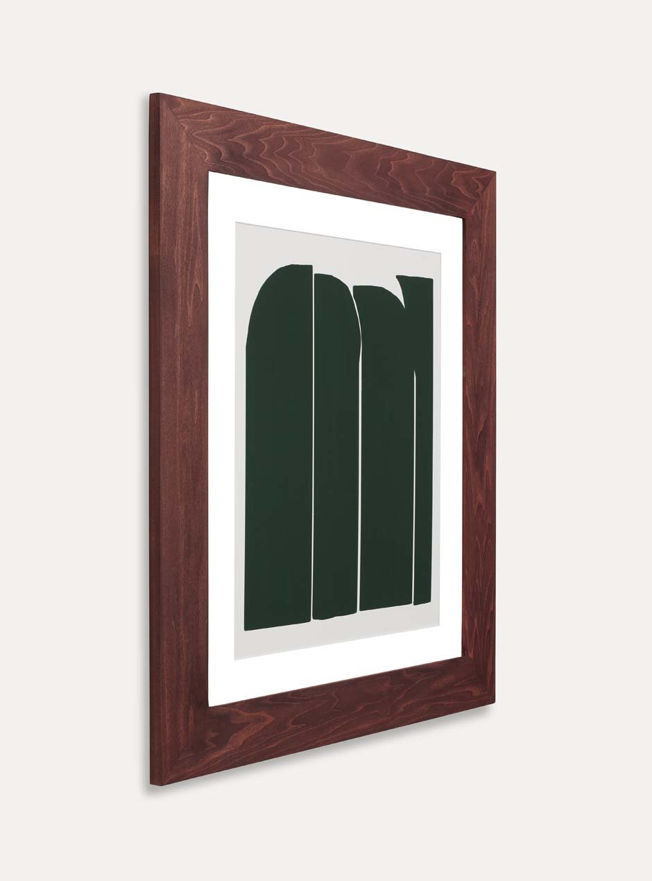 side view dark stained wooden frame holding abstract painting 