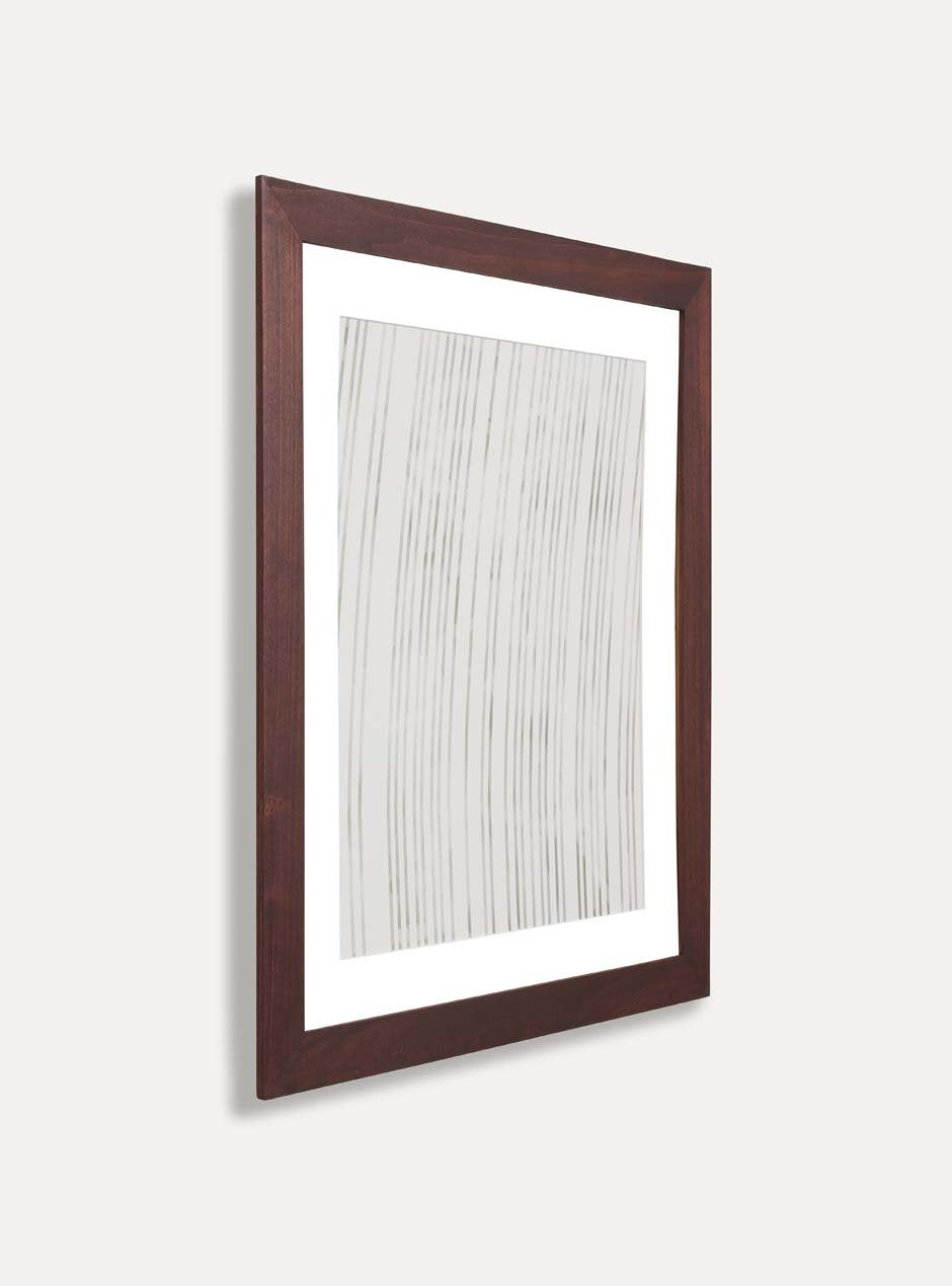 side view dark stained wooden frame holding abstract painting 