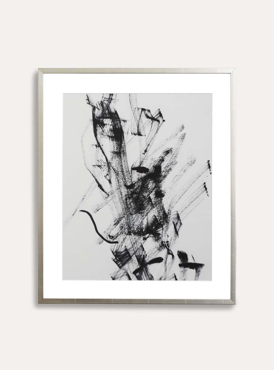 reflective metallic silver thin frame with various lines across moulding shown with white mat and an abstract ink line art piece