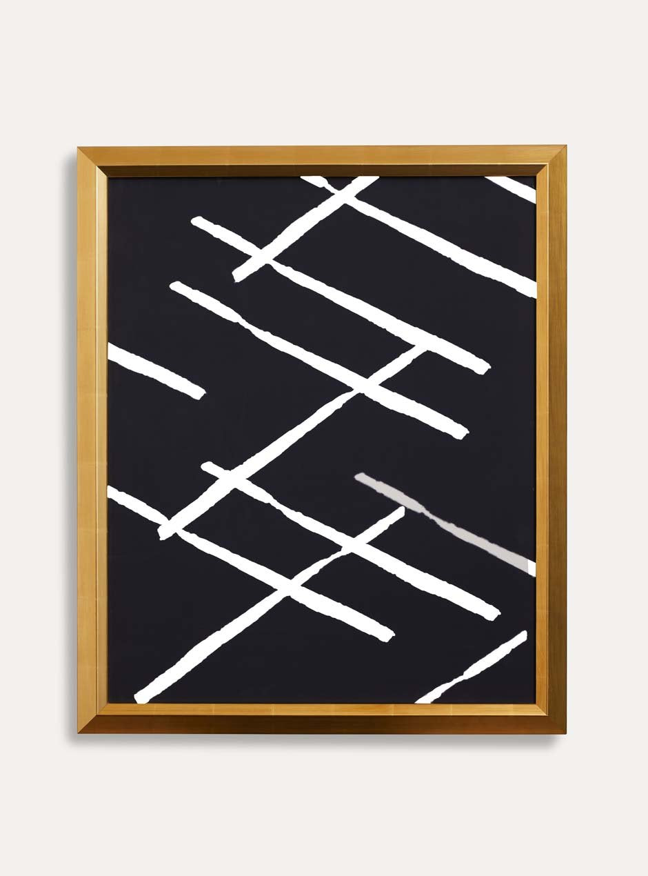 bright yellow gold leafed frame with bevel towards the center artwork which is dark black with white criss cross pattern modern art on white wall
