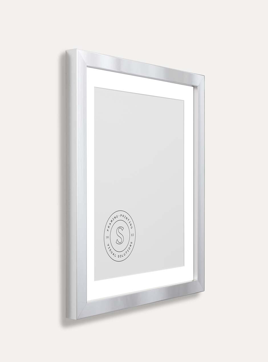 side view of mirrored frame with skyframe logo inside