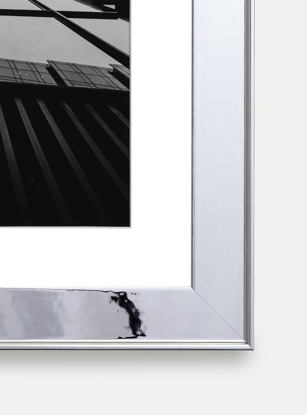 Up close detail photo of frame showing mirrored detail