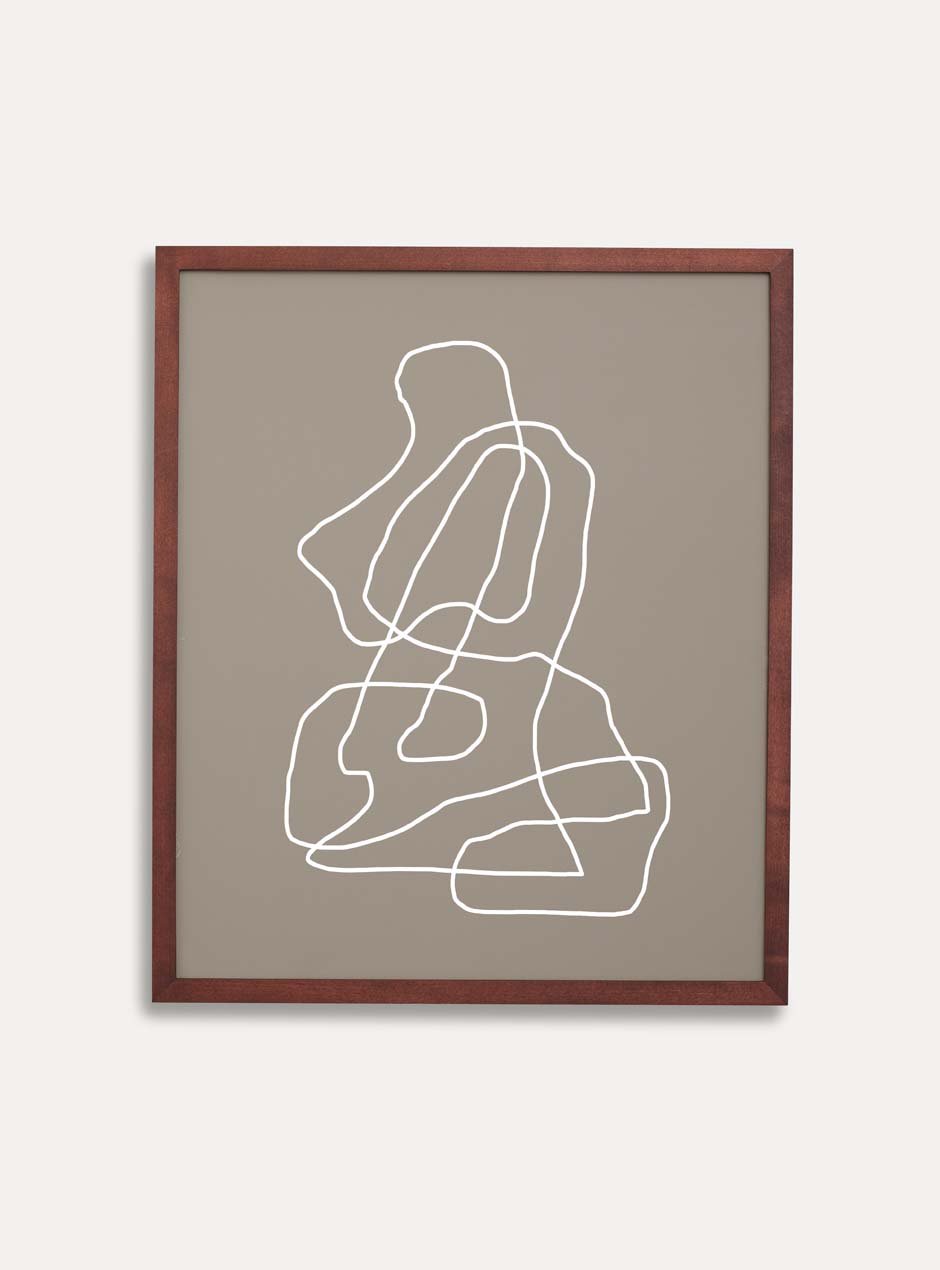 dark stained thin wooden frame holding abstract painting 