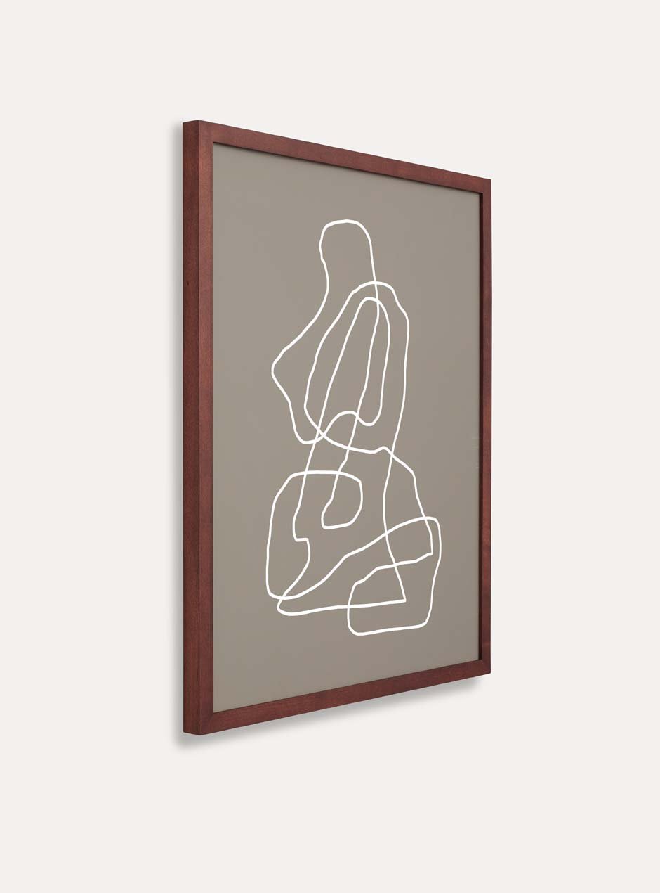 side view dark stained thin wooden frame holding abstract painting 