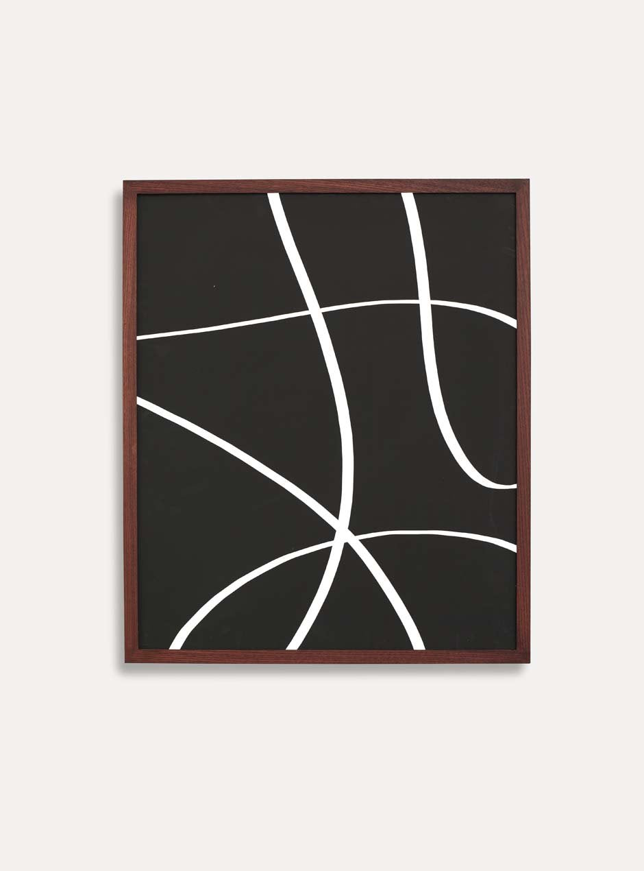 dark stained thin wooden frame holding abstract painting 