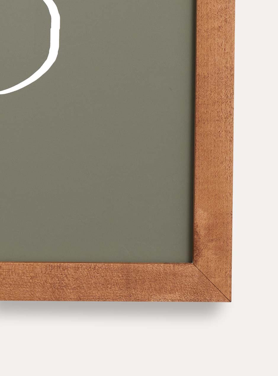 Close up of corner of maple frame holding abstract art