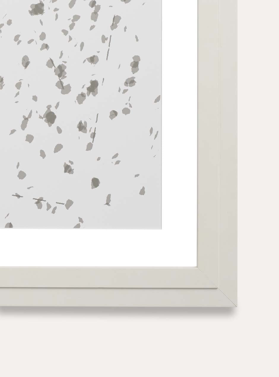 corner view grey abstract on white background in light wood frame with white matting