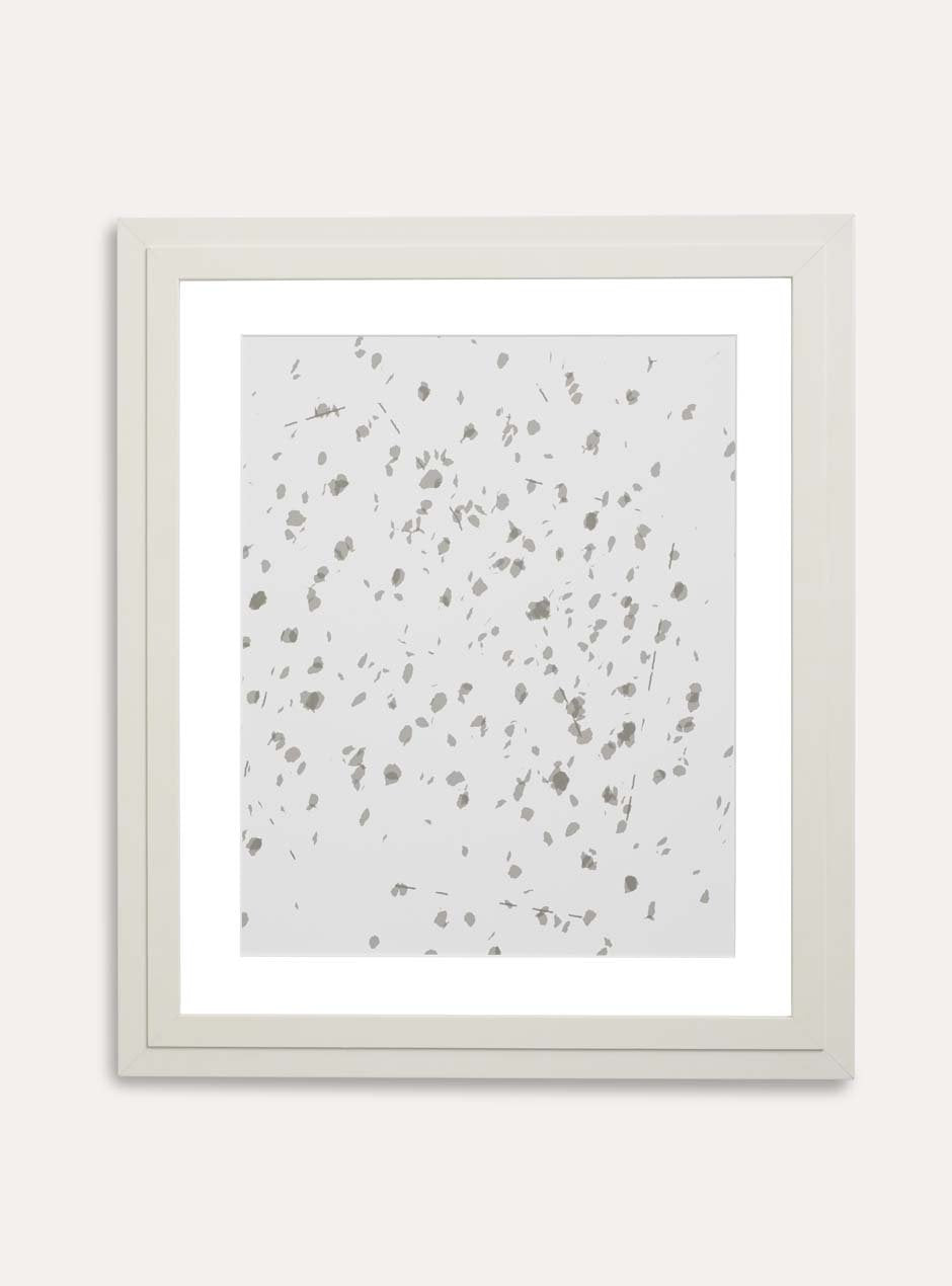 grey abstract on white background in light wood frame with white matting