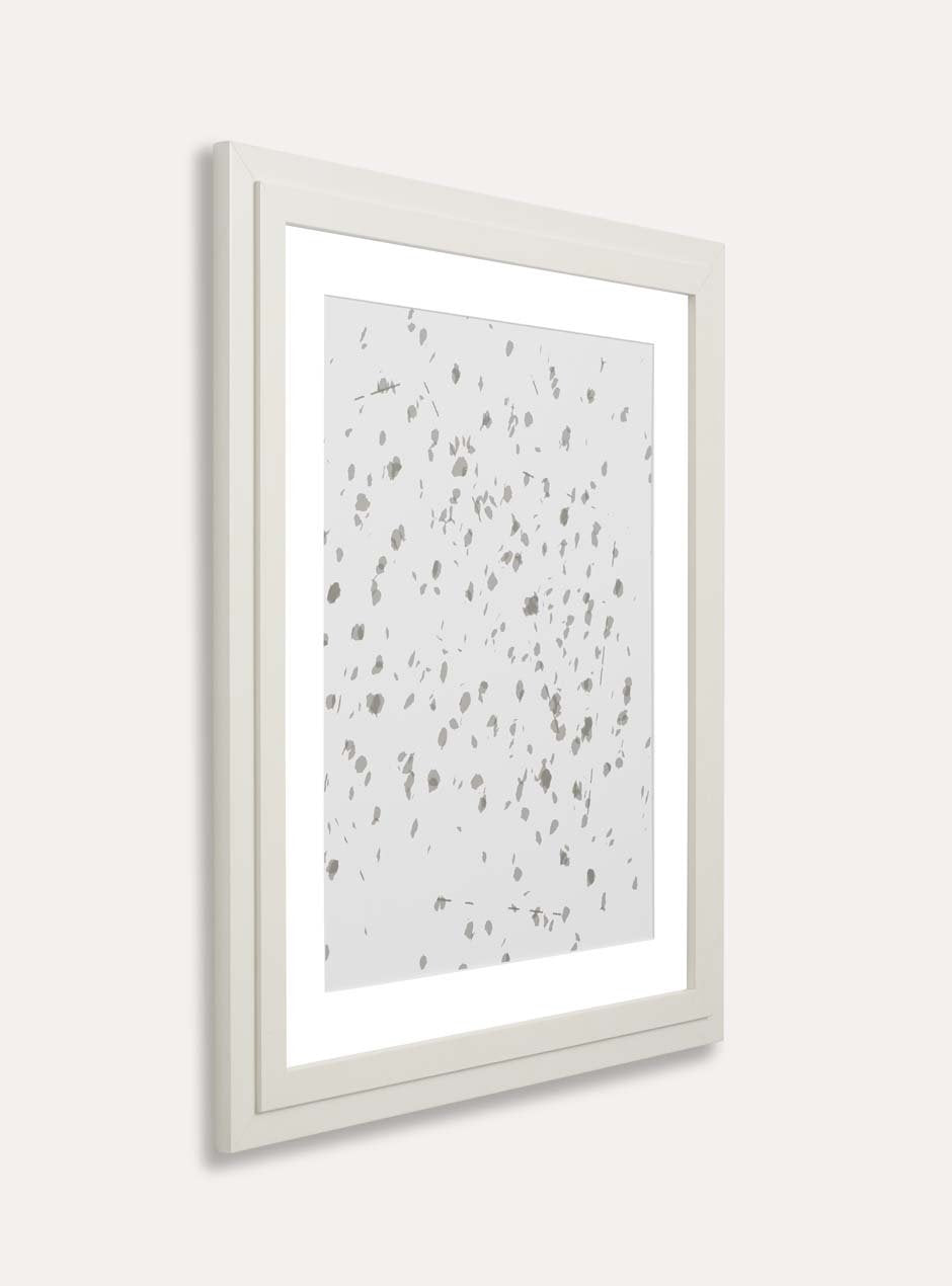 side view grey abstract on white background in light wood frame with white matting