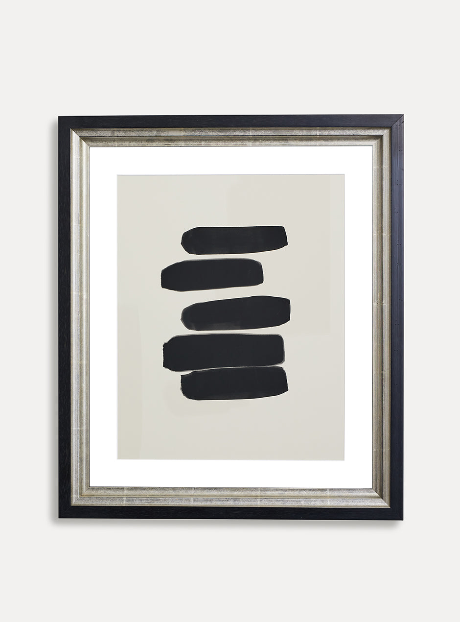 Black and silver toned high quality frame with three tiered ridges showing a modern abstract art piece with multiple streaks of black 
