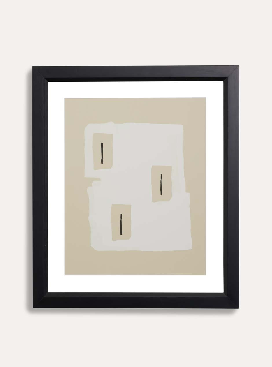 black frame with slight bevel towards center showcasing brown and neutral artwork with white mat on a white wall