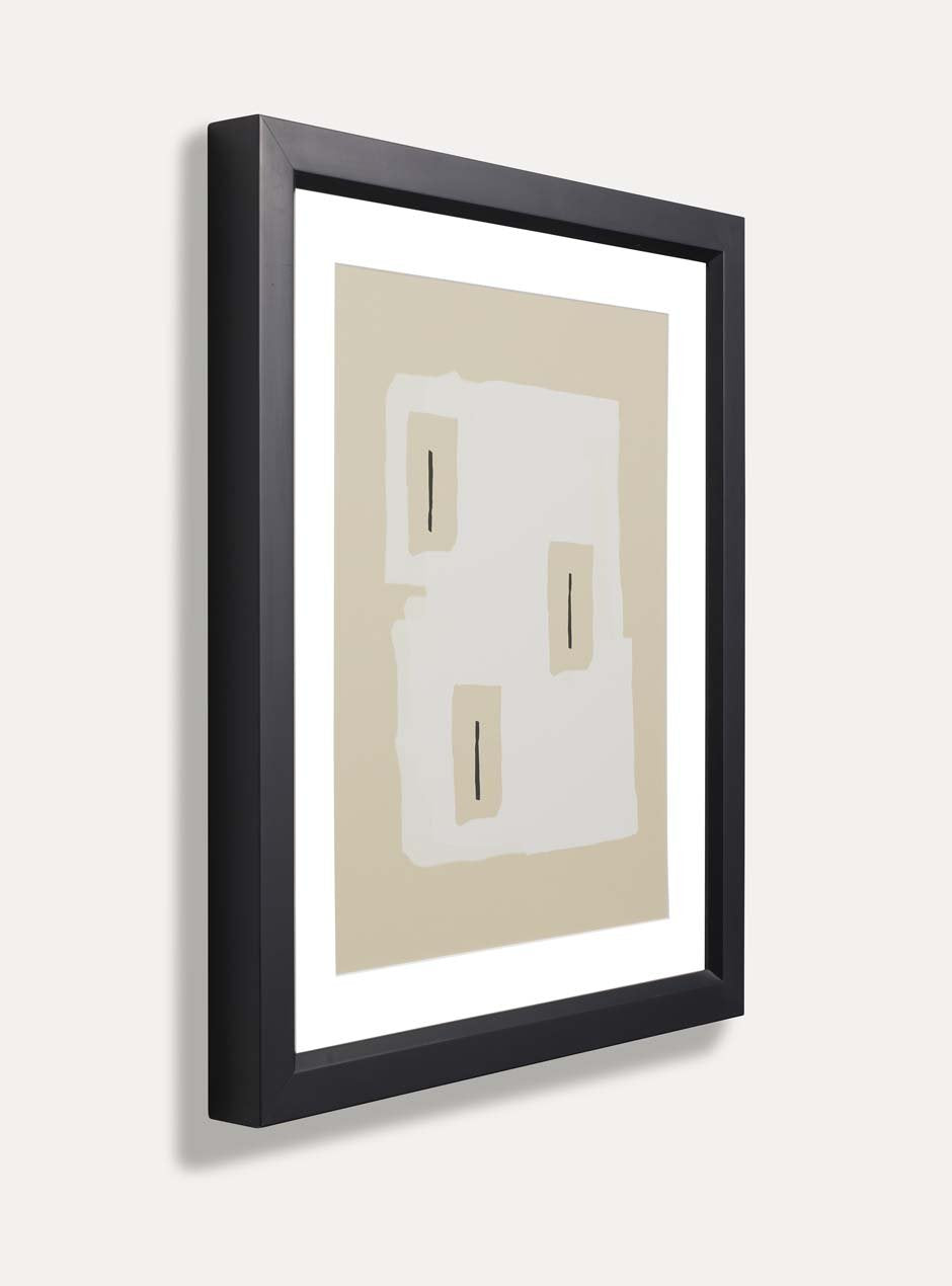 side profile black frame with slight bevel towards center showcasing brown and neutral artwork with white mat on a white wall