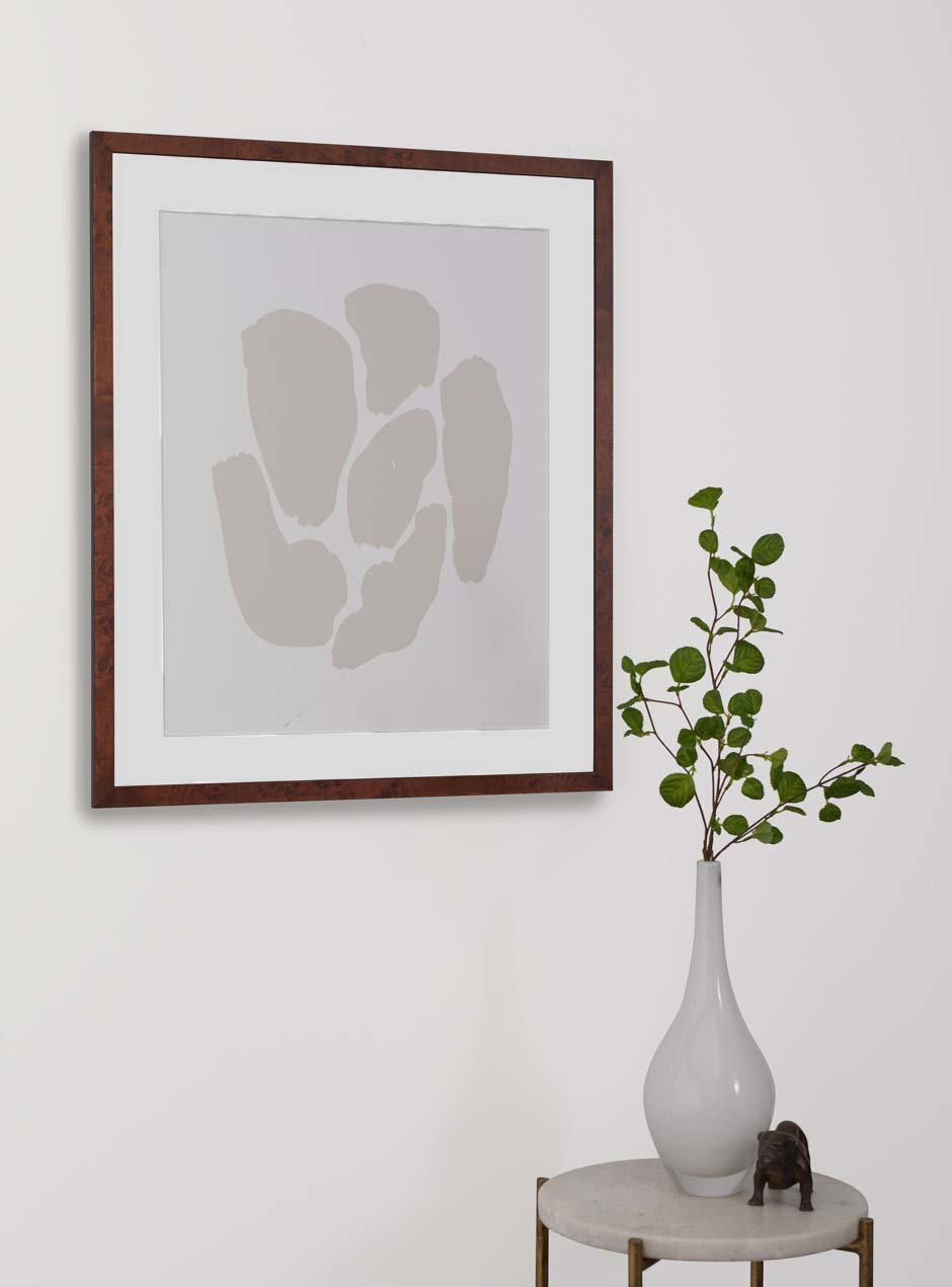 burrell wood style frame thin with modern art neutral piece in high end apartment