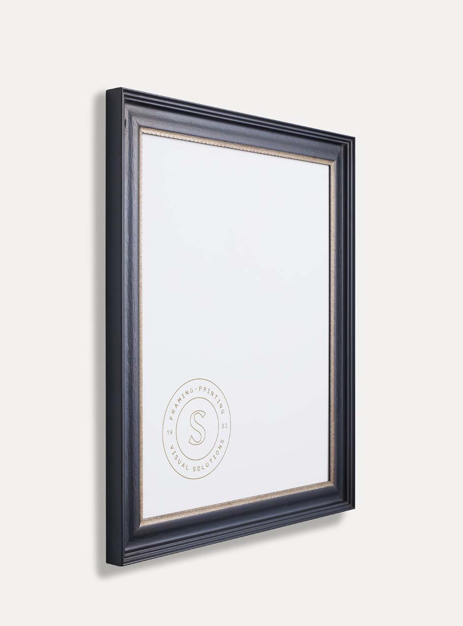 side view of black frame with gold inner detailing