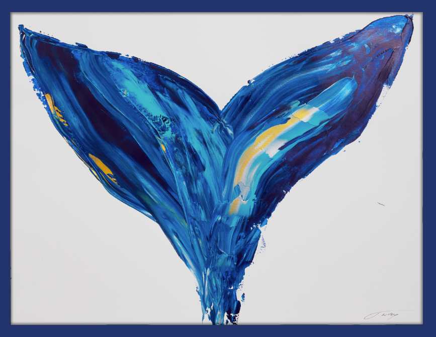 abstract blue whale tail in navy frame 